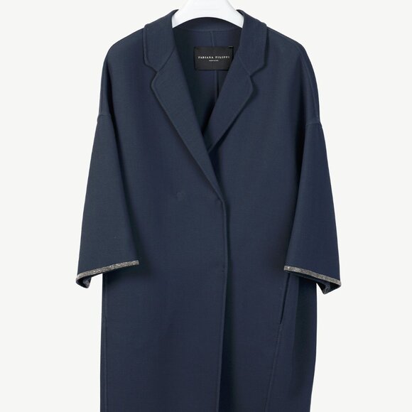 Fabiana Filippi Navy Twill Bead-Trim Double-Breasted Coat - Picture 1 of 10